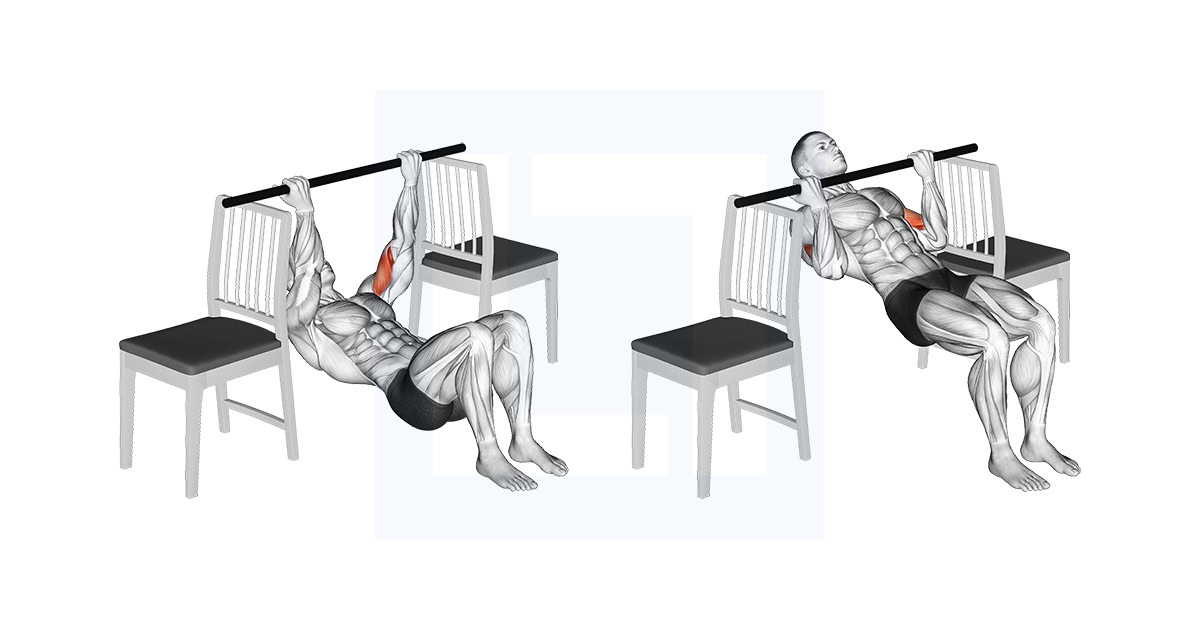 Inverted Chin Curl with Bent Knee Between Chairs